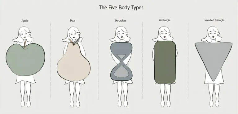 Body shape chart showing hourglass, pear, apple, rectangle and inverted triangle silhouettes