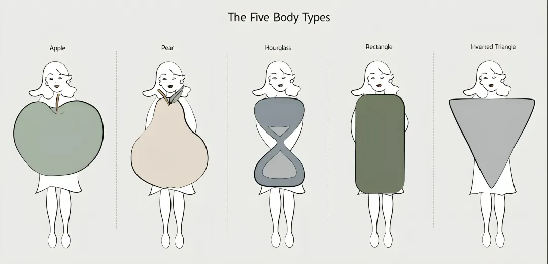 Body shape chart showing hourglass, pear, apple, rectangle and inverted triangle silhouettes