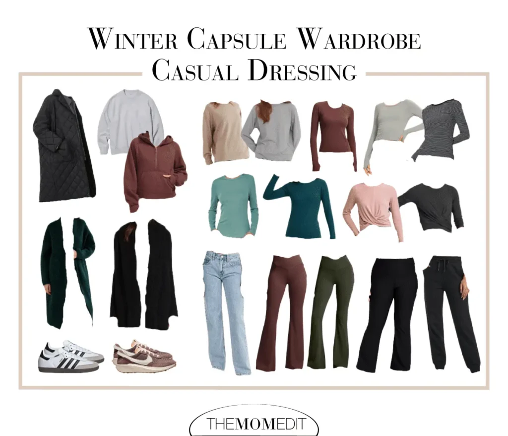 Capsule wardrobe builder diagram showing coordinated clothing pieces for women