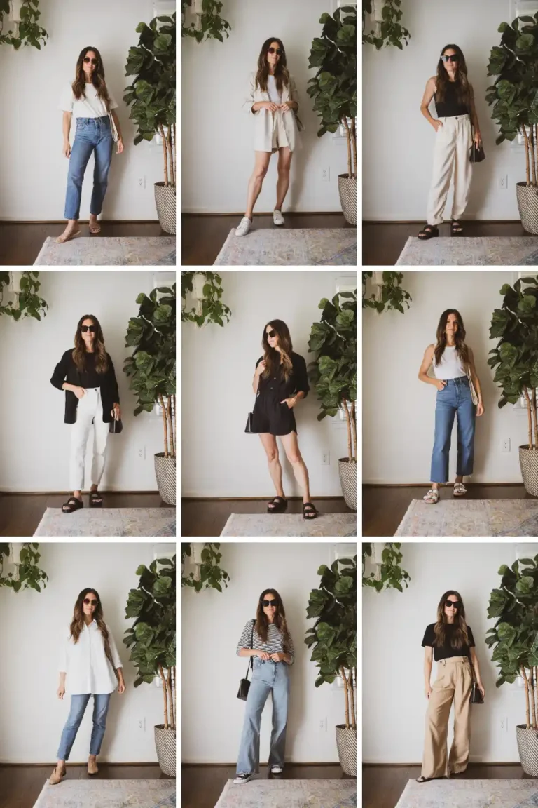 Woman wearing a chic casual outfit with text overlay about effortless everyday style and modern casual dressing