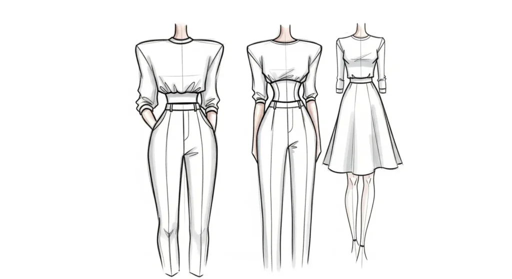 Fashion-illustration-showing-pear-body-shape-proportions-and-visual-balance-through-outfit-sketches