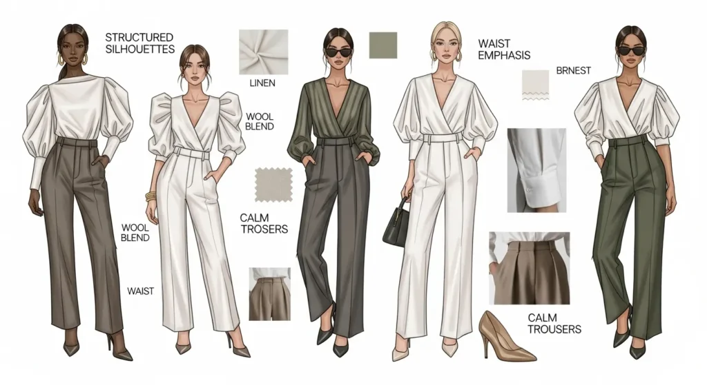 Pear-body-shape-aesthetic-vision-board-showing-balanced-outfits-with-structured-tops-and-clean-lower-body-lines