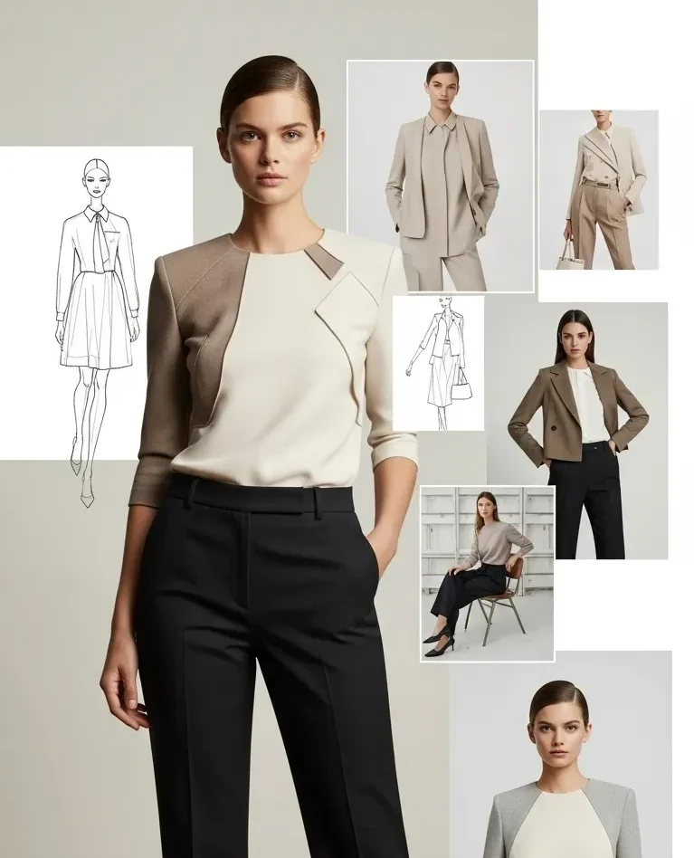 Pear-body-shape-aesthetic-vision-board-showing-balanced-outfits-with-structured-tops-and-clean-lower-body-lines