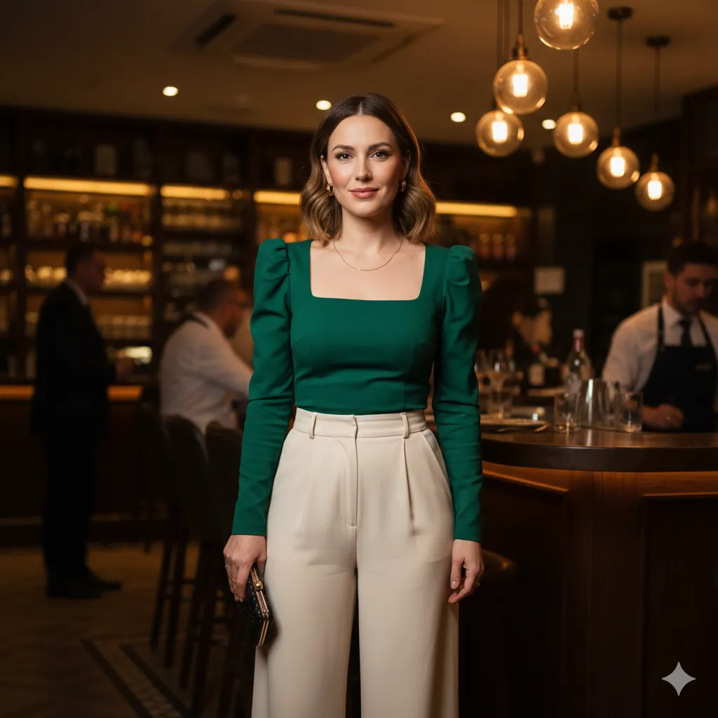 Pear-body-shape-woman-wearing-a-structured-top-and-fluid-trousers-for-a-balanced-party-outfit-that-highlights-the-upper-body-and-skims-the-hips