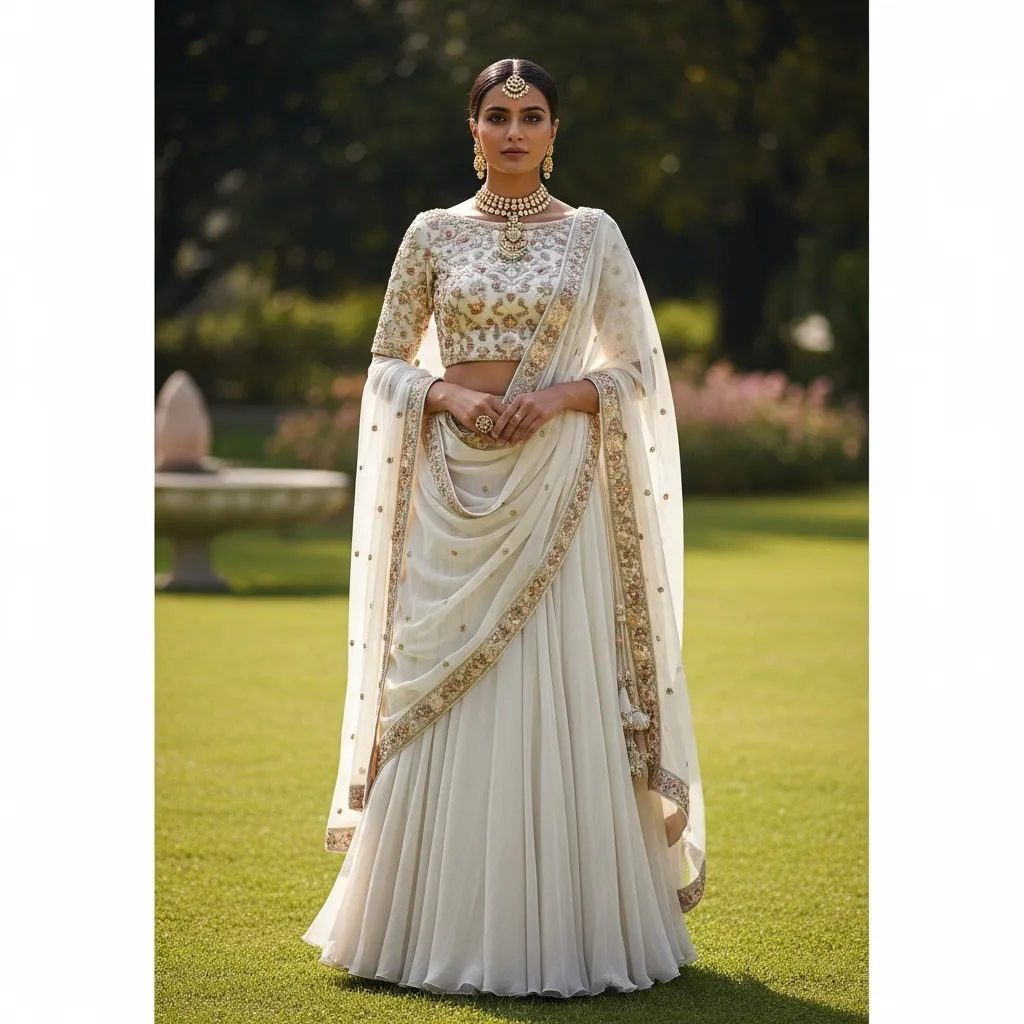 Wedding-guest-lehenga-outfit-styled-to-balance-a-pear-body-shape-with-emphasis-on-the-upper-body