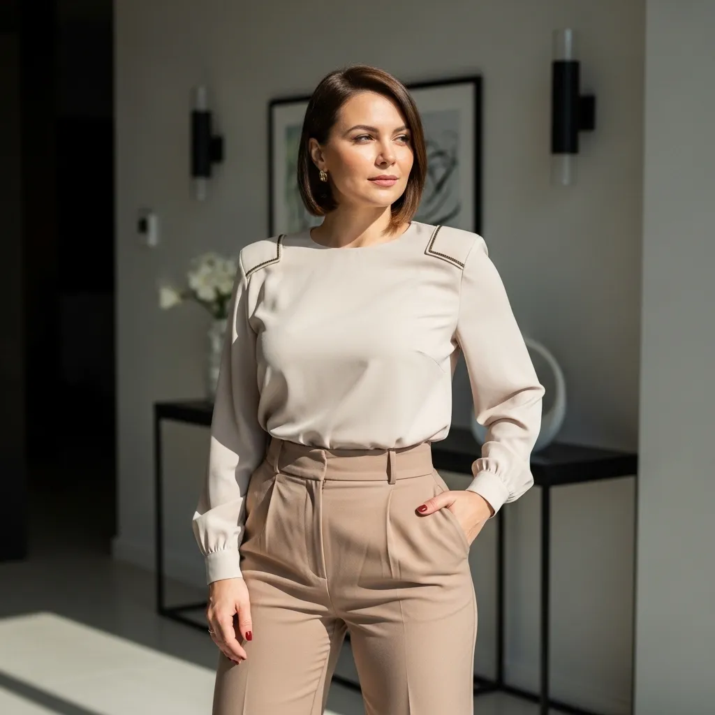 Best-tops-for-pear-body-shape-outfits-featuring-a -structured-blouse-with-shoulder-detail