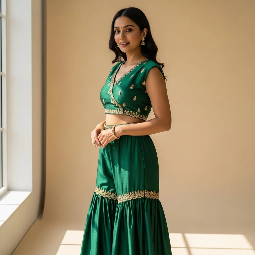 Desi-outfit-ideas-for-pear-body-shape-featuring-a-structured-sharara-set