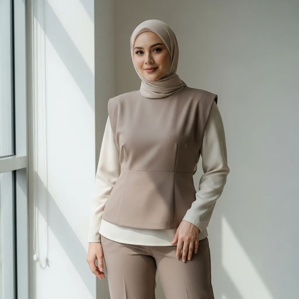 Hijab-outfit-ideas-for-pear-body-shape-featuring-structured-tops-that-balance-hips