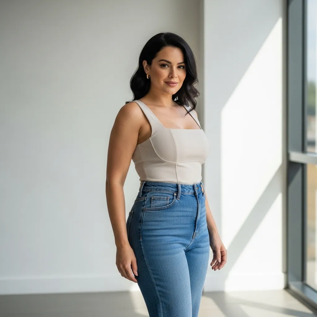 Jeans outfits for pear body shape styled with high-rise straight leg denim