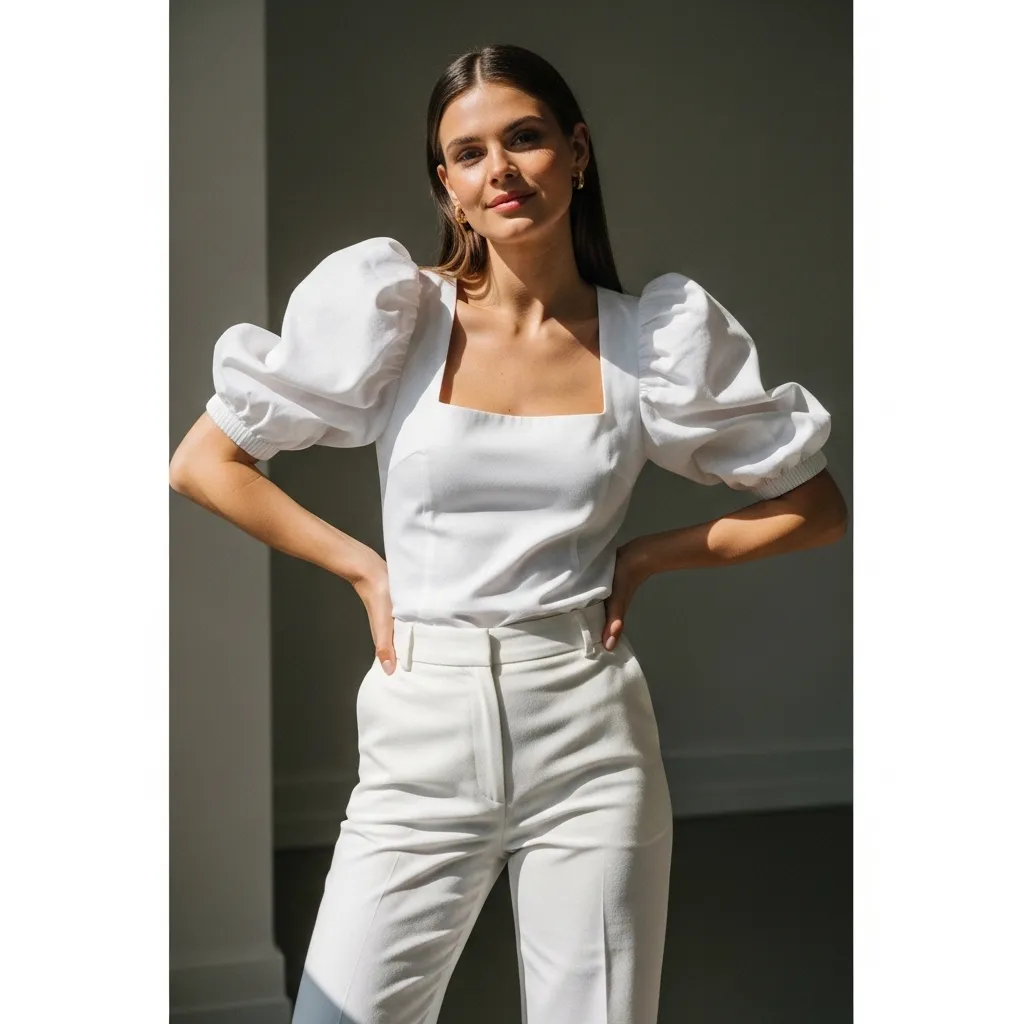 Summer-outfit-ideas-for-pear-body-shape-with-puff-sleeve-tops-that-balance-hips