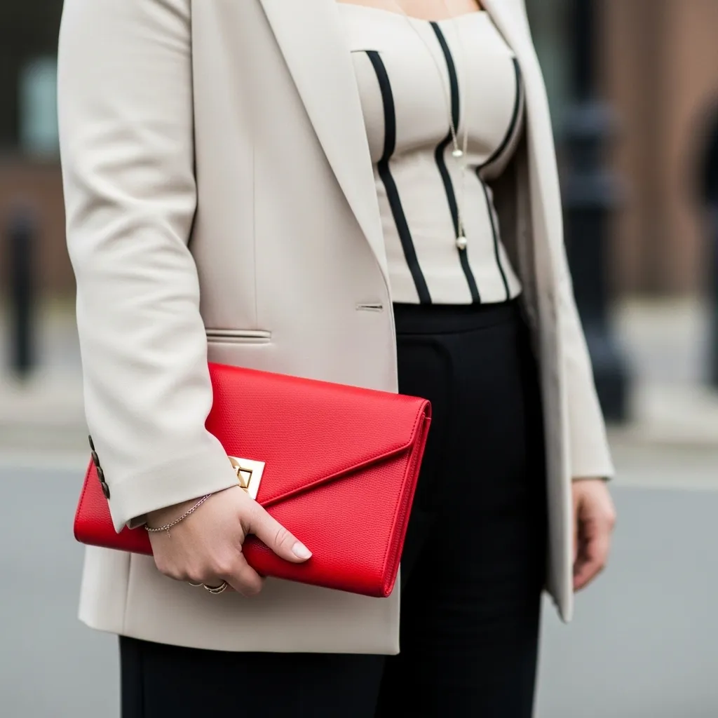 Close-up of outfit styled with a bold red clutch as a statement accessory
