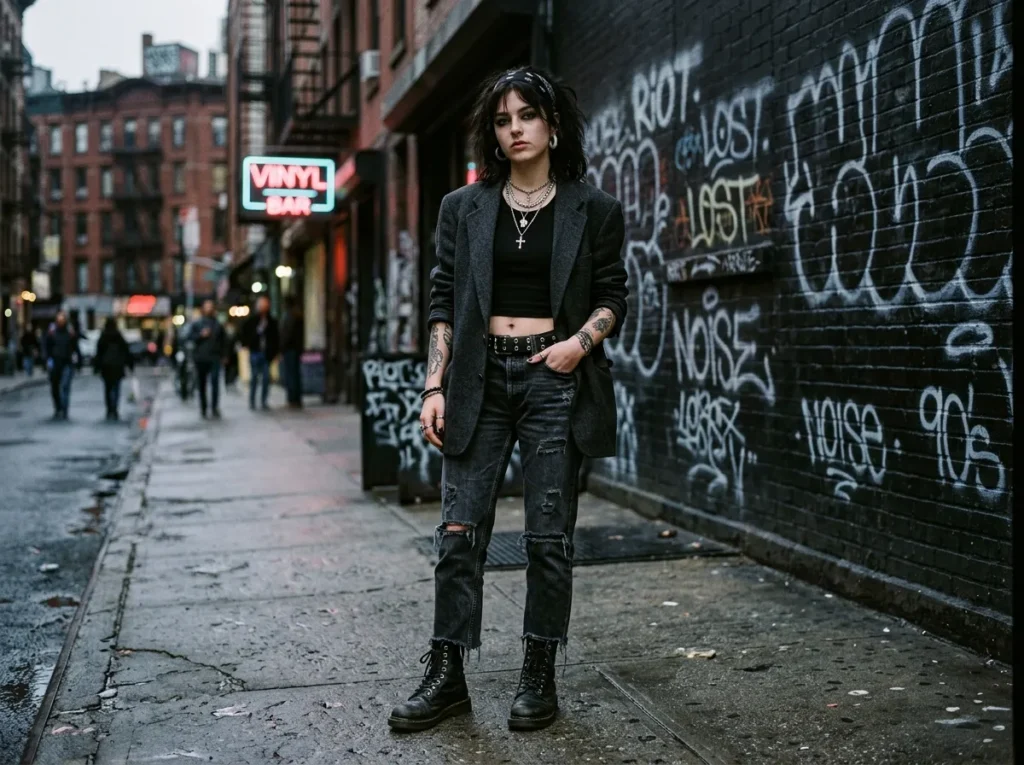 Pear Body Shape Aesthetic Outfits in grunge style with oversized blazer and structured balance