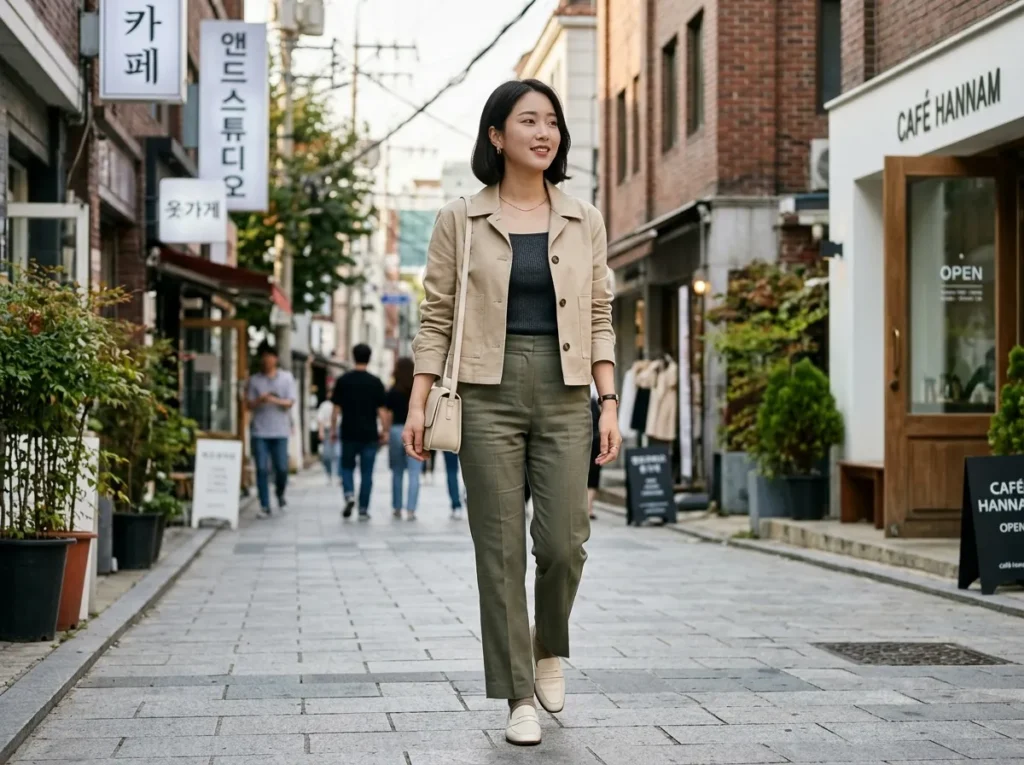 Pear Body Shape Aesthetic Outfits in Korean style with cropped jacket and high rise trousers