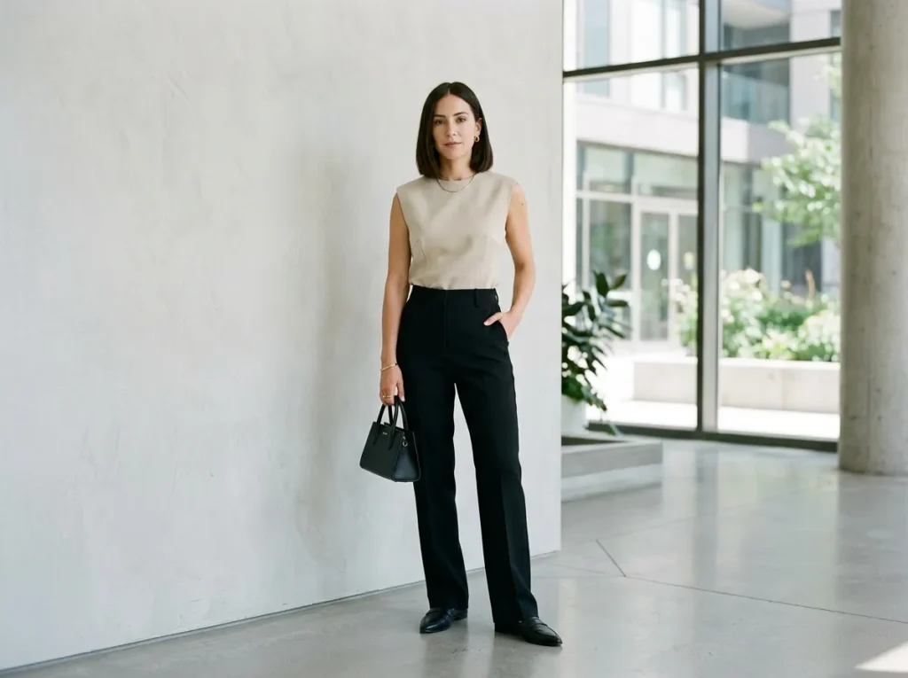 Pear Body Shape Aesthetic Outfits in minimal chic style with structured top and high waist trousers