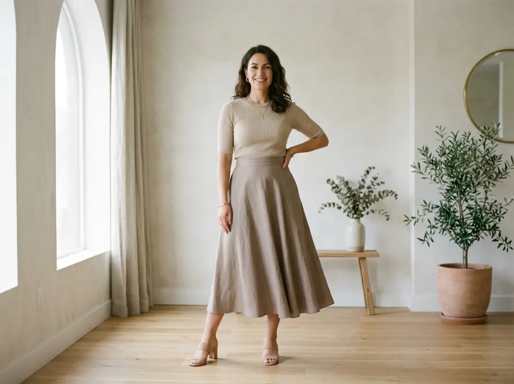 Pear Body Shape Aesthetic Outfits showing balanced proportions with fitted top and flowing skirt