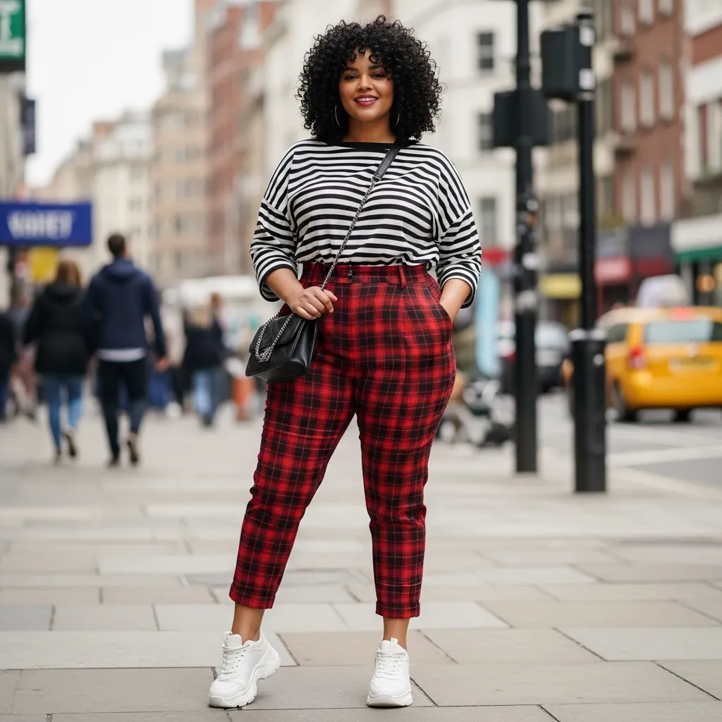 Plus size outfit combining striped top with plaid pants for a bold look
