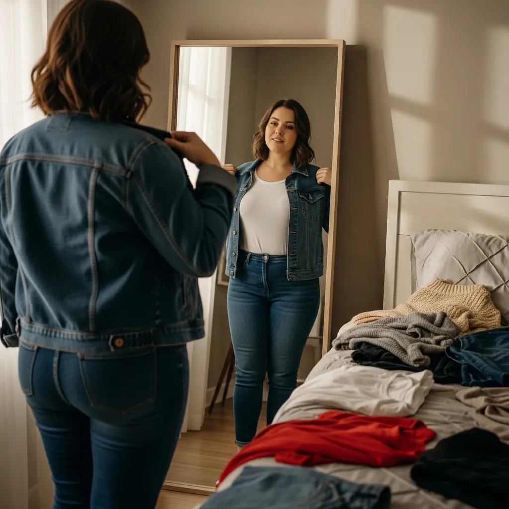 plus size woman trying outfits in bedroom, mirror reflection, casual home setting, clothes on bed, natural light, realistic lifestyle moment
