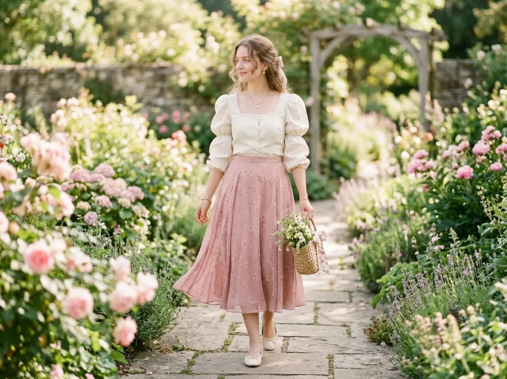 Pear Body Shape Aesthetic Outfits in soft feminine style with puff sleeves and high waist skirt