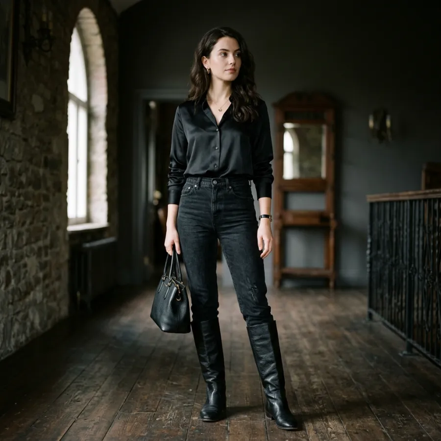 All black jeans outfit with satin top and boots