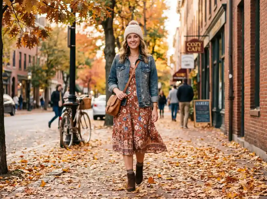 fall transition outfit with dress and ankle boots