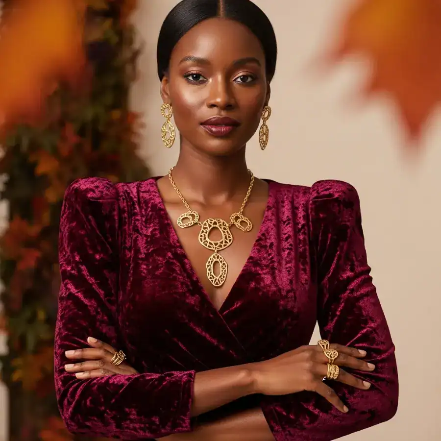 Stylish fall outfit for Black women featuring velvet dress and gold accessories.