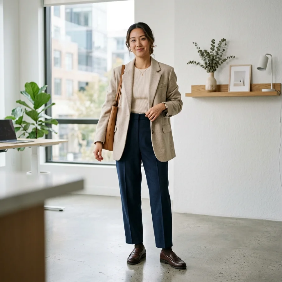 Blazer outfit with trousers for smart casual work look