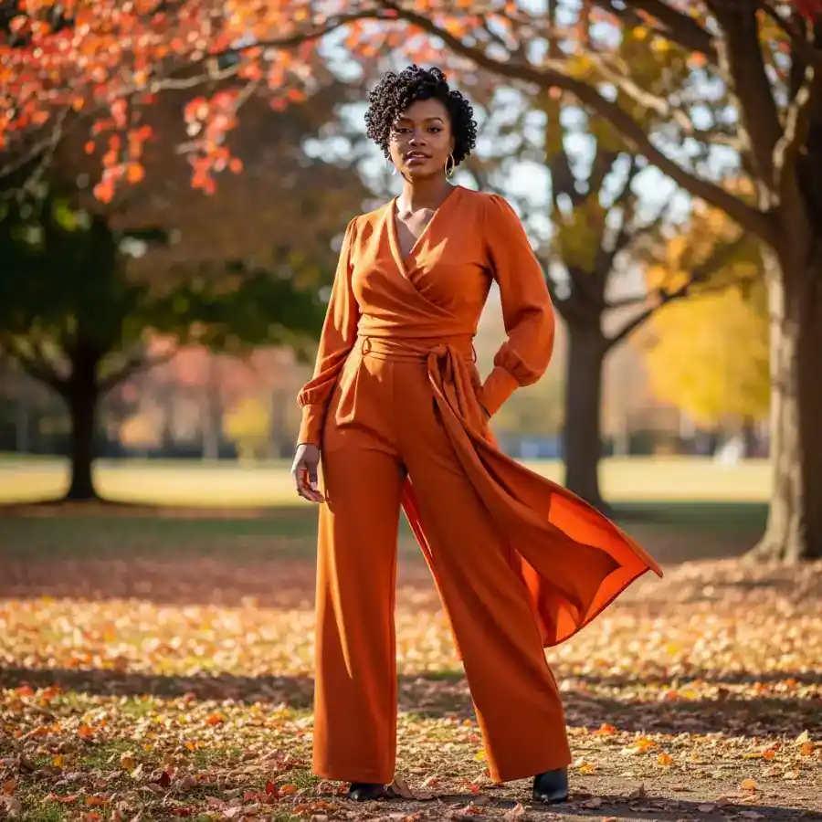 Elegant fall outfit for Black women in warm orange tones.