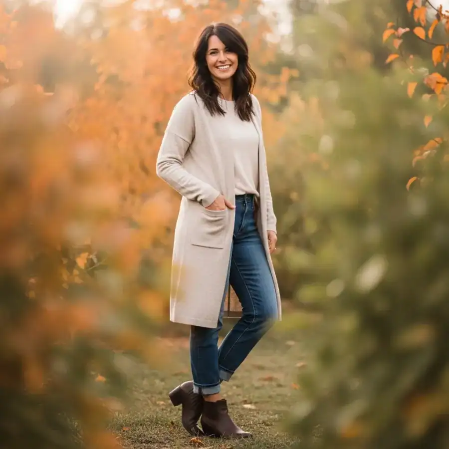 Elegant fall casual outfit with cozy coat and jeans.
