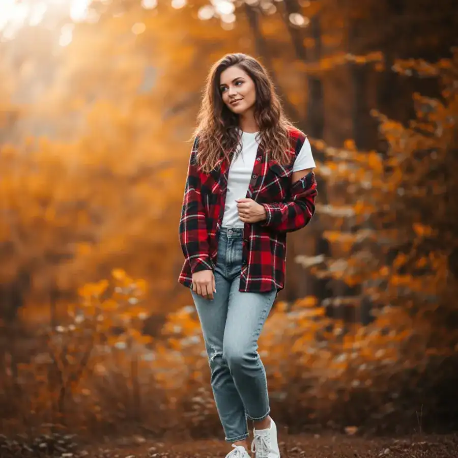 Woman in fall casual outfit with plaid shirt and jeans in autumn forest.