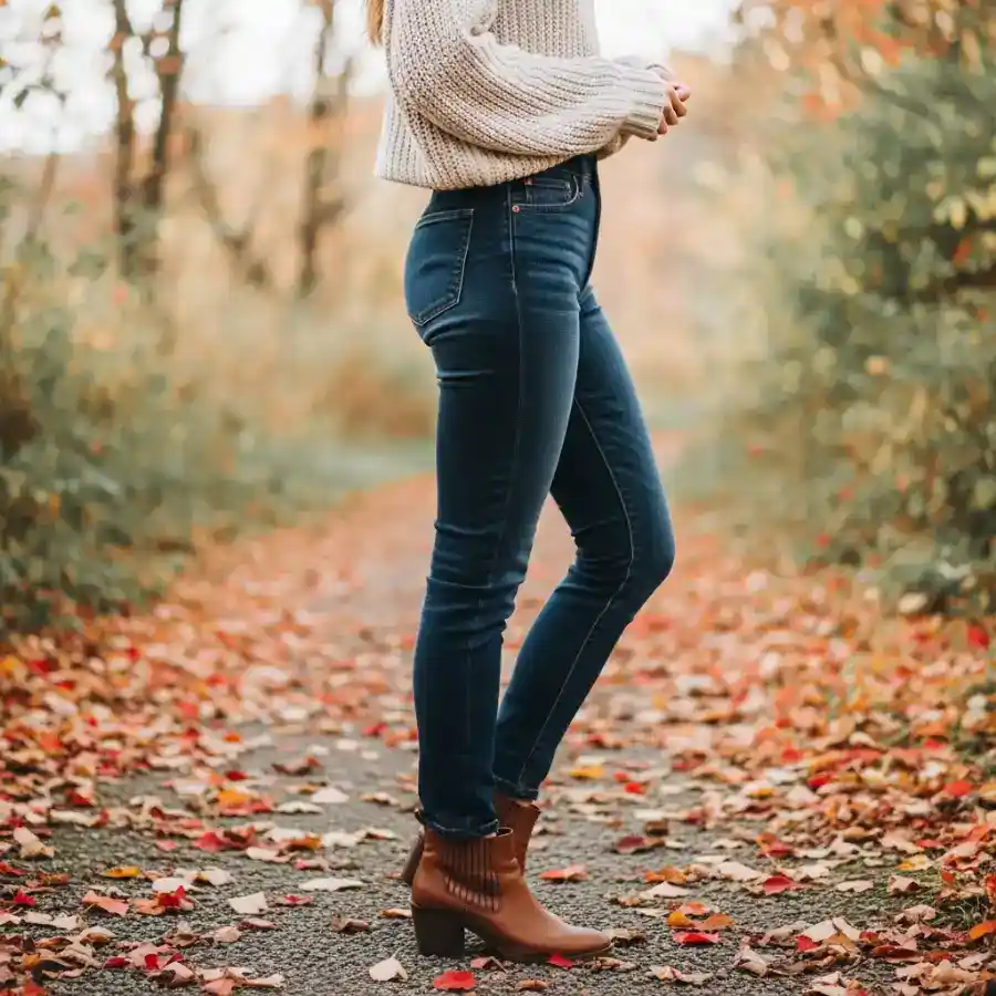 Stylish fall outfit with jeans and boots for women.