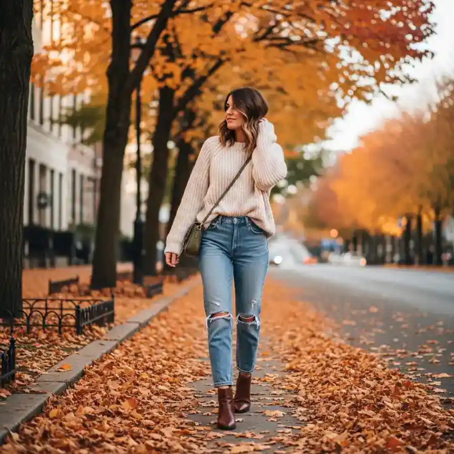 Woman in cozy fall casual outfit walking on autumn leaves street.