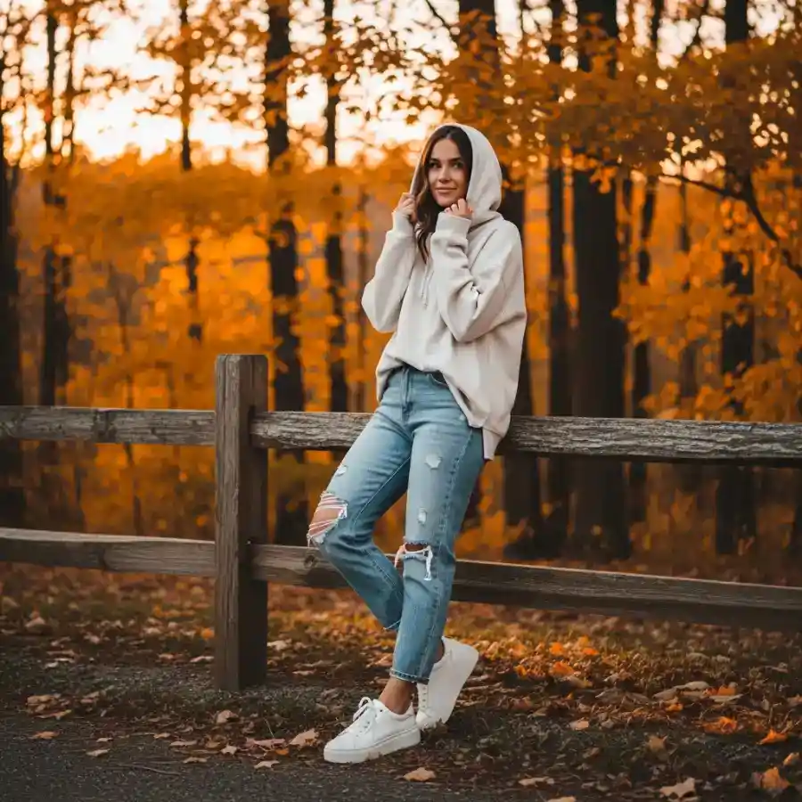 Woman in cozy hoodie and ripped jeans enjoying fall outdoors.