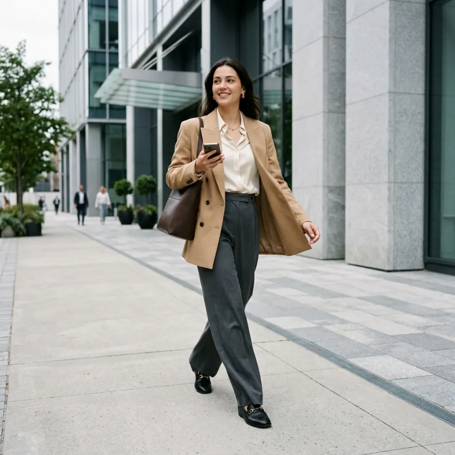 Casual work outfit with blazer trousers and loafers