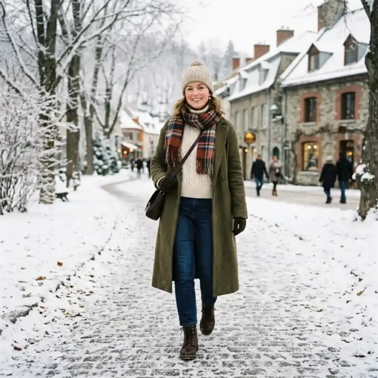 Casual winter outfit with sweater jeans boots and coat