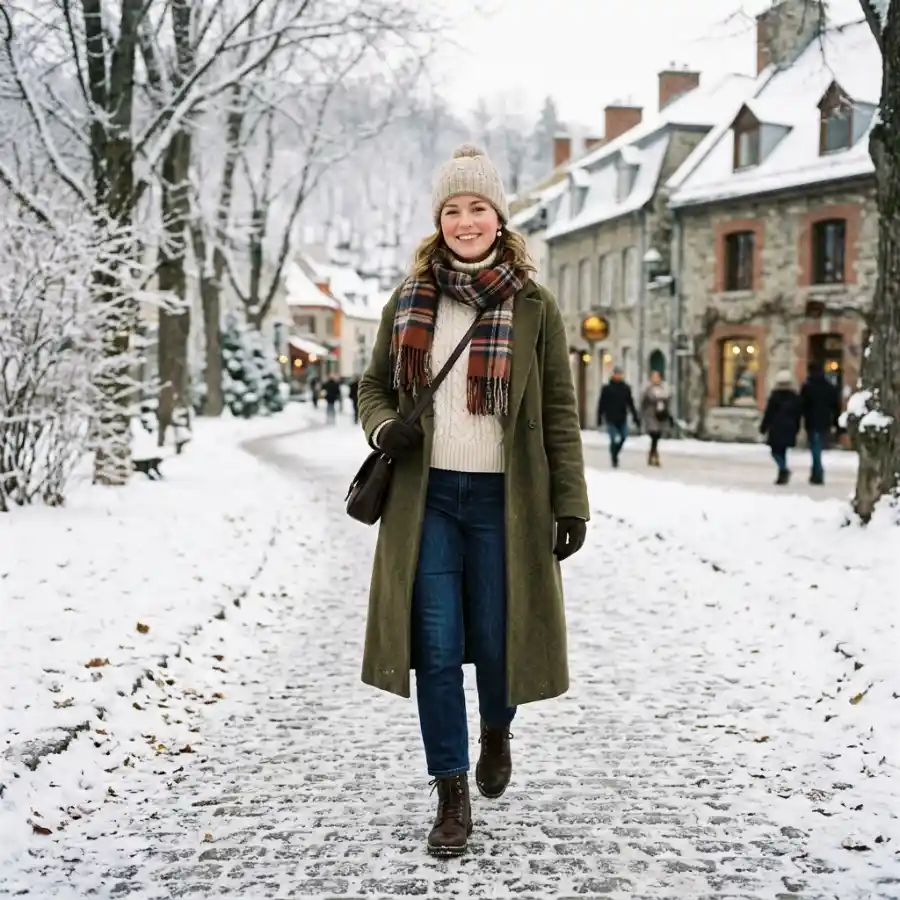 Casual winter outfit with sweater jeans boots and coat