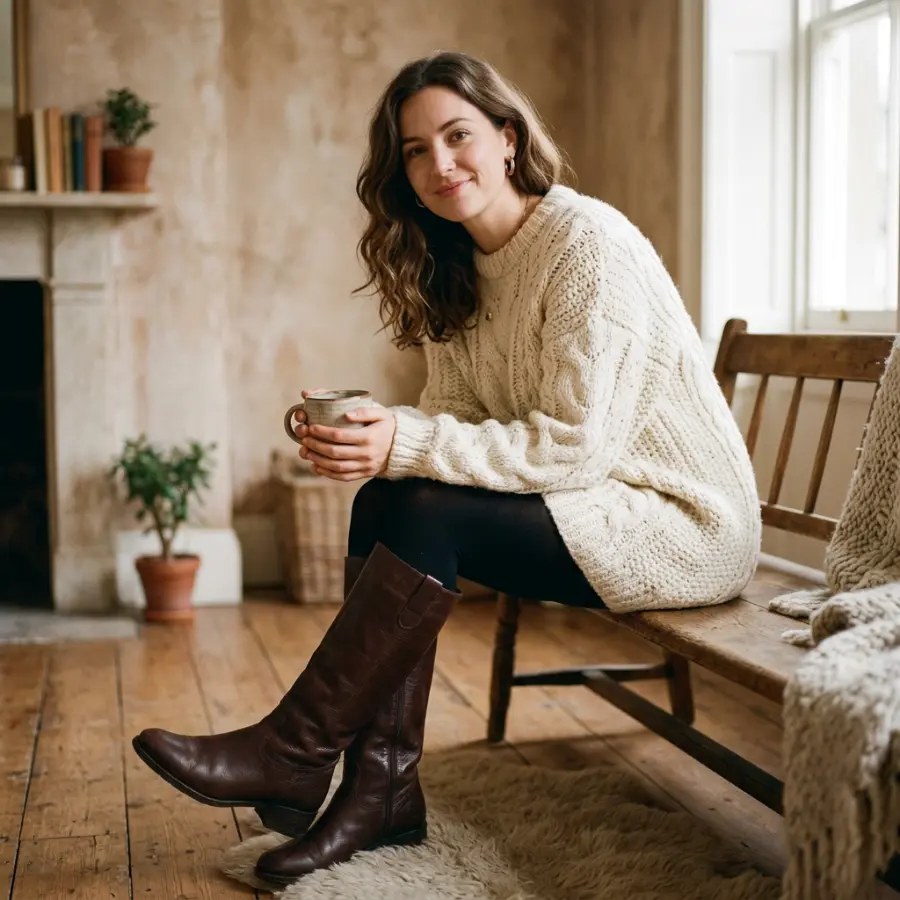 Chunky knit sweater dress outfit with boots for winter