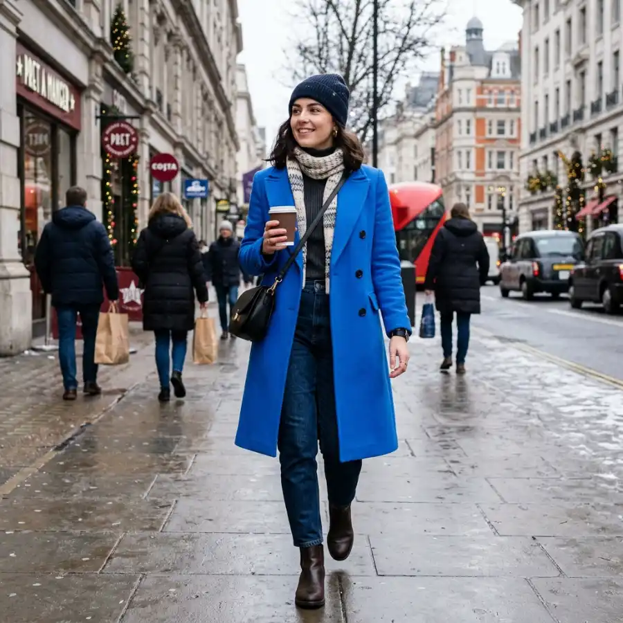 Winter outfit with bold color coat over simple base