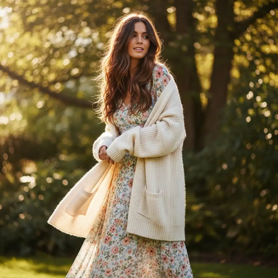 cottagecore fall outfit floral dress cardigan women