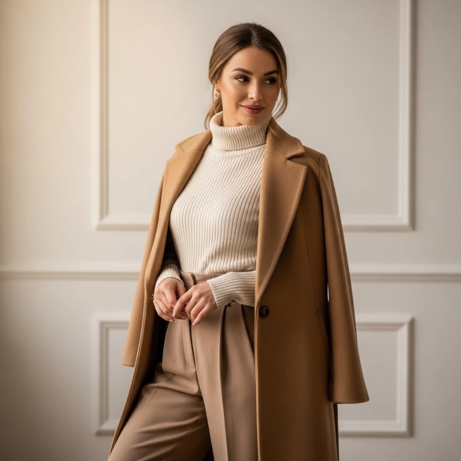 cozy minimalism fall outfit neutral tones camel coat