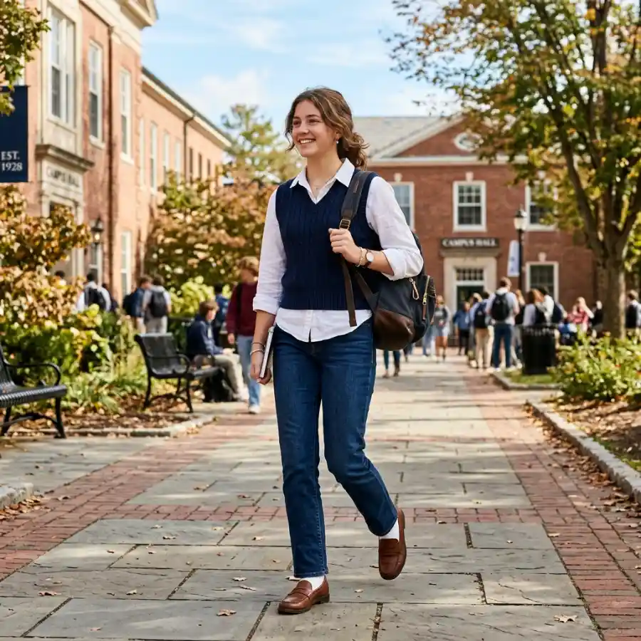 Cute school outfit with sweater vest jeans and loafers
