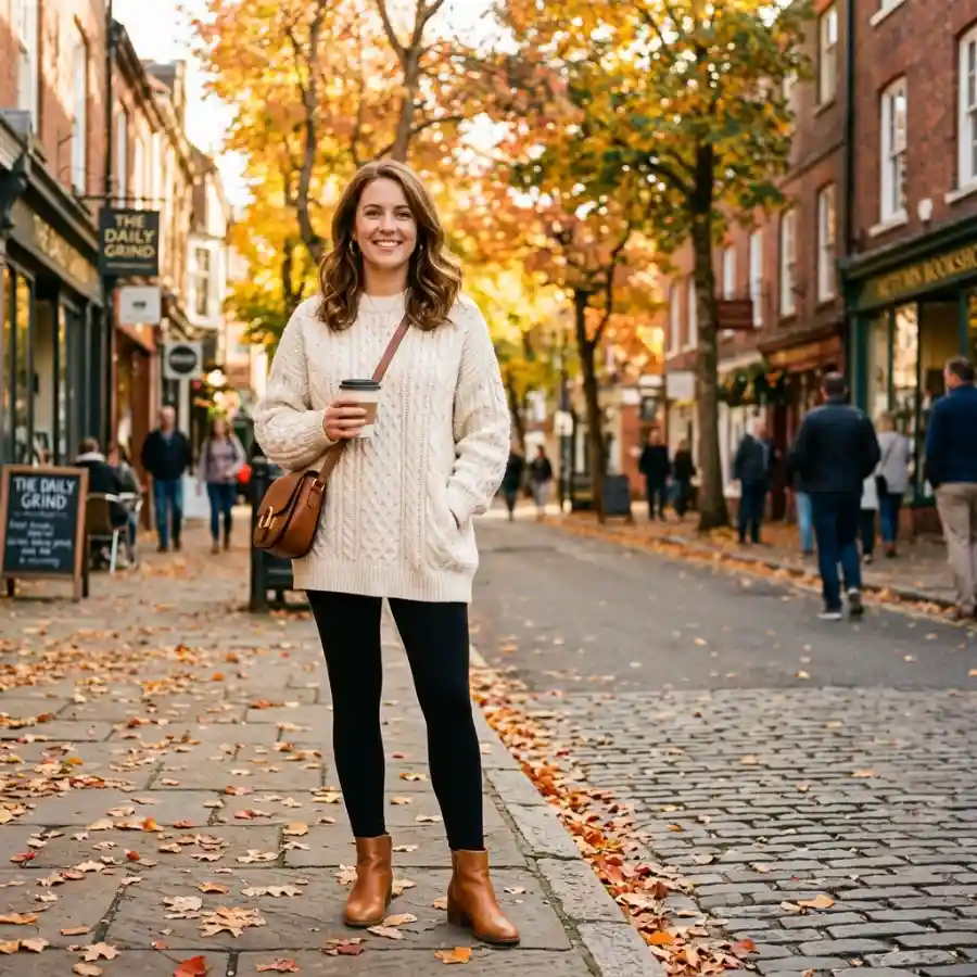 Cute outfit with black leggings styled with oversized sweater and ankle boots