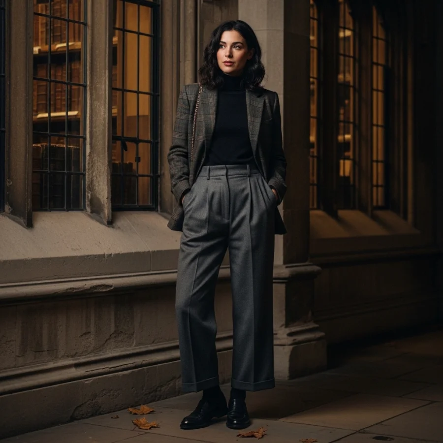 dark academia fall outfit women plaid blazer turtleneck