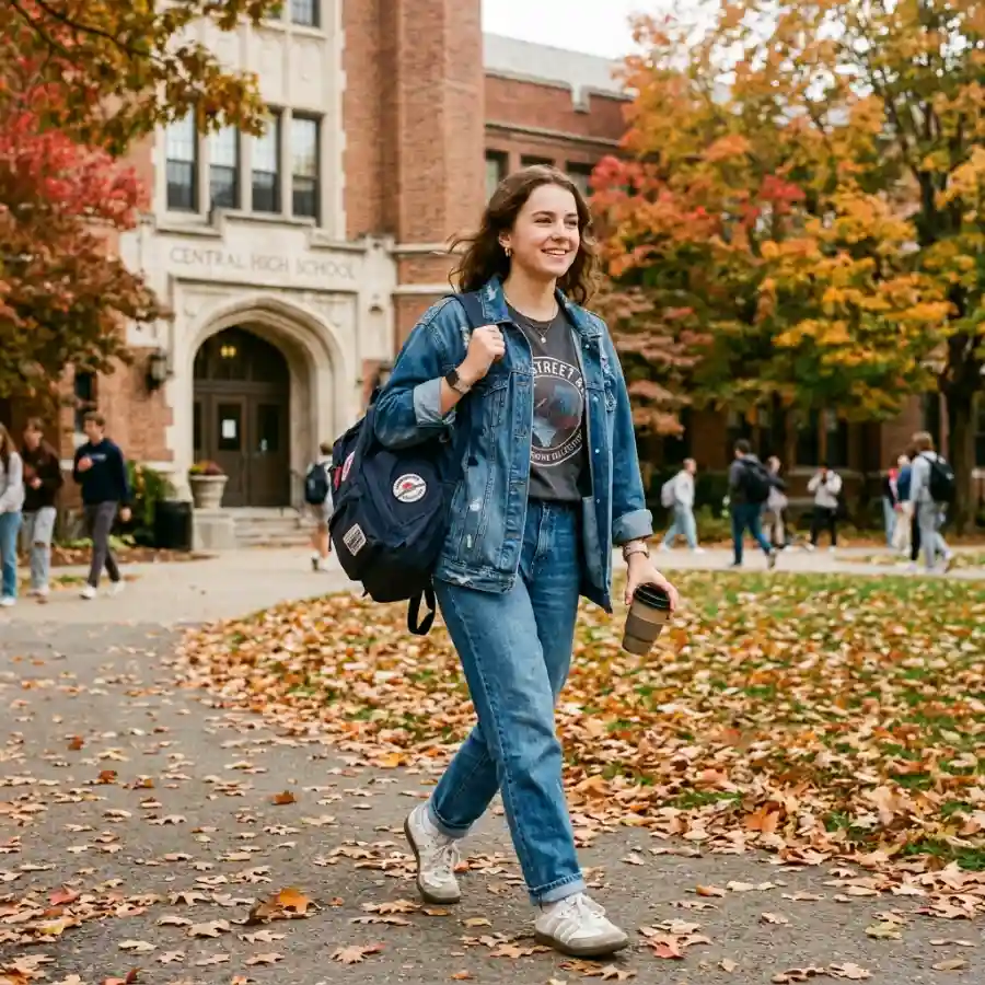 Fall school outfit with denim jacket jeans and sneakers