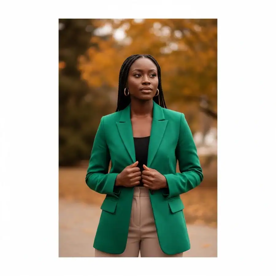 Stylish woman wearing a green blazer for fall outfits.
