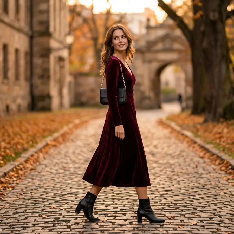 fall evening outfit burgundy dress ankle boots women