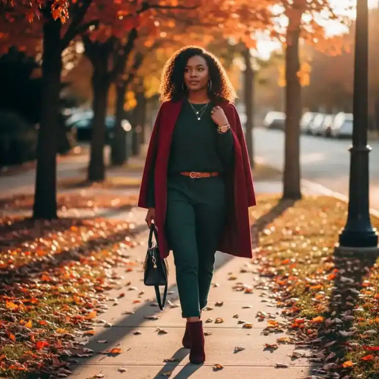 Black woman in fall outfit walking on autumn street with colorful leaves.
