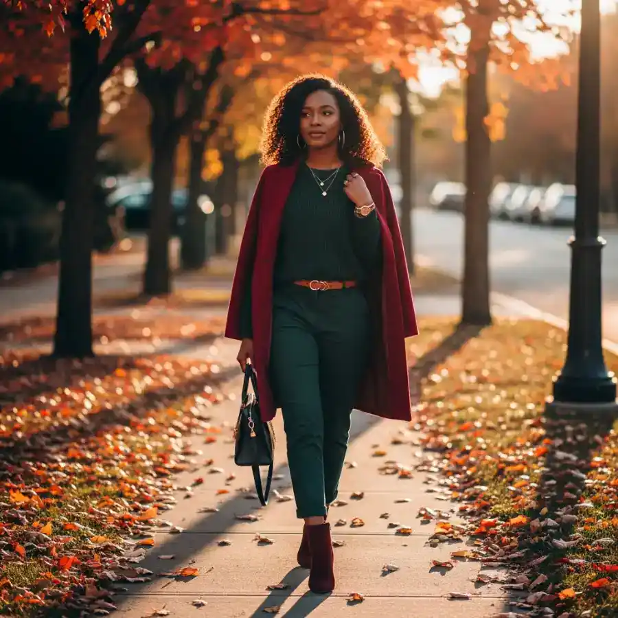 Black woman in fall outfit walking on autumn street with colorful leaves.
