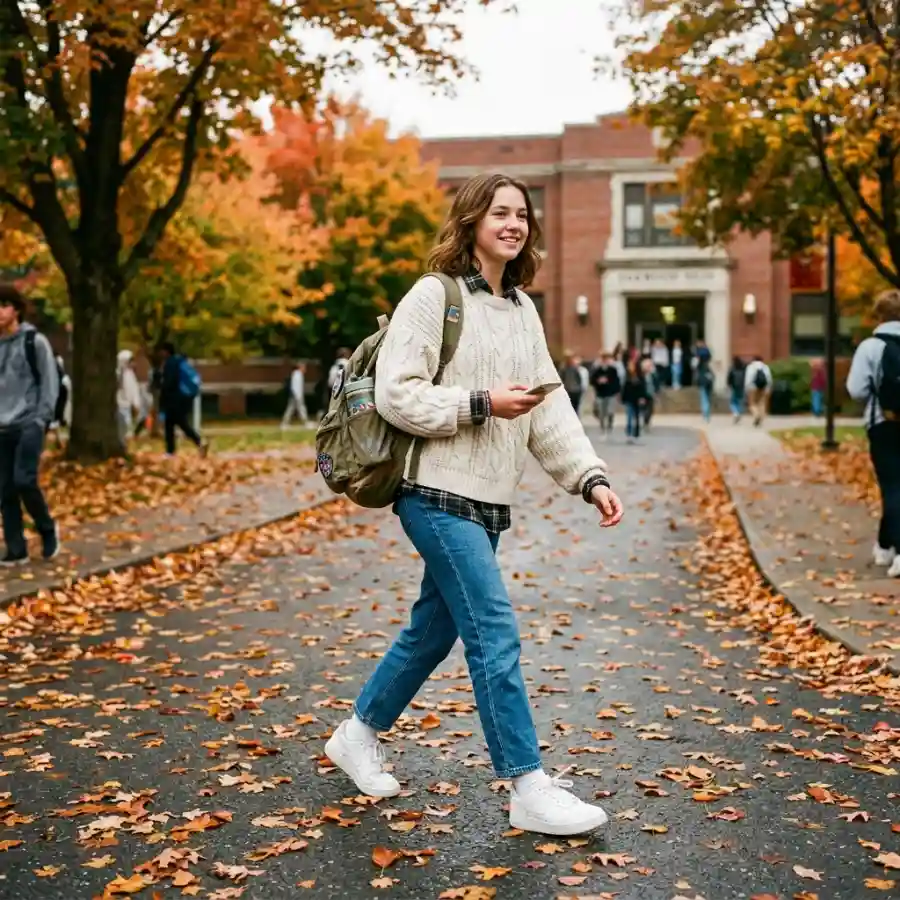 Fall school outfit with sweater jeans and sneakers