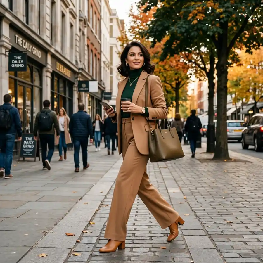 fall work outfit women camel trousers green turtleneck blazer