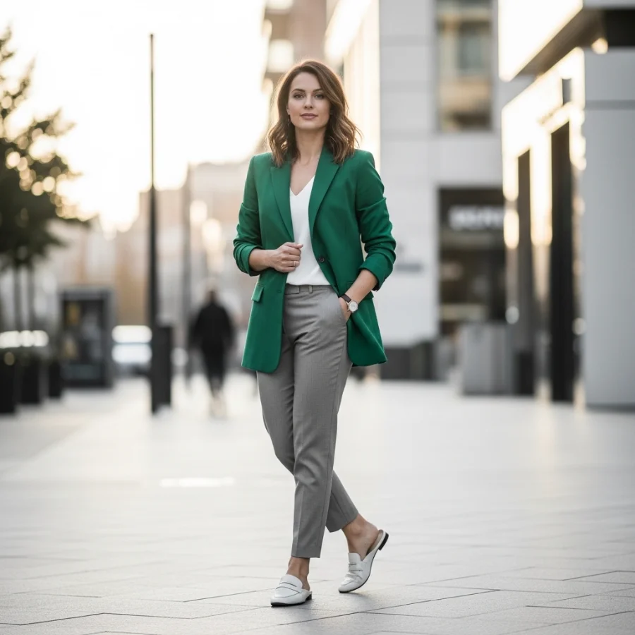emerald blazer fall outfit women jewel tones 2026